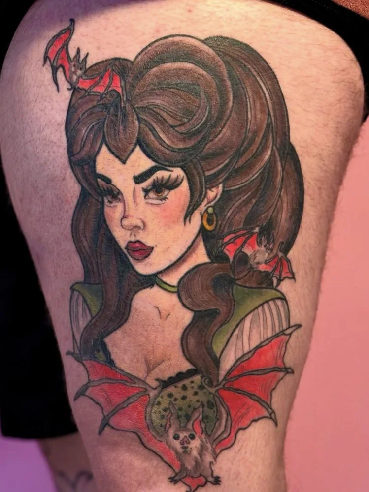 Neo-traditional vampire pin-up portrait tattoo with bats